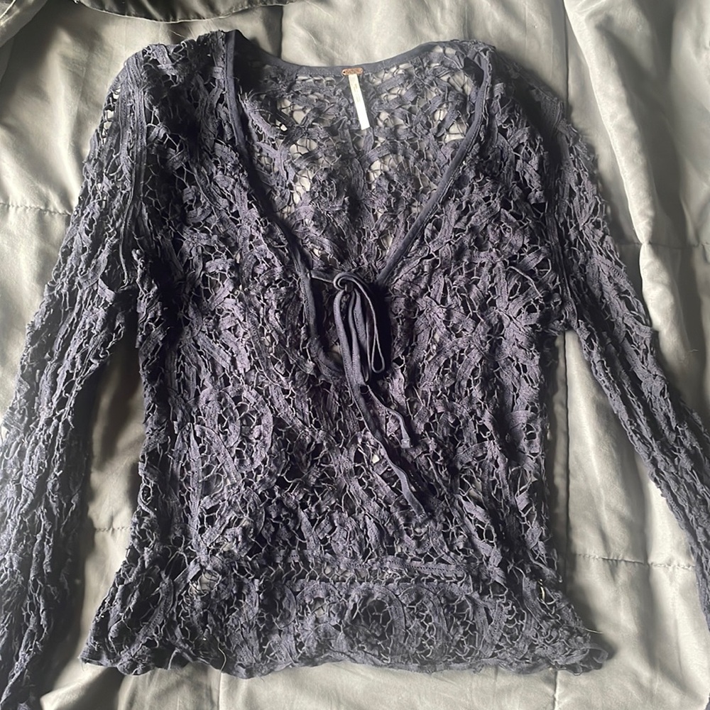 Free People navy blue crochet long sleeve top